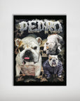 Personalized '90s Bootleg Horrorcore pet poster featuring three bulldogs on a skull-patterned black background.