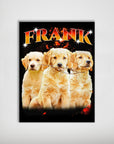 Personalized '90s Bootleg pet poster featuring three golden retriever puppies and "FRANK" in fire orange text.