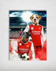 Personalized Arsenal Doggos Football poster featuring two pets in red jerseys on a stadium background.
