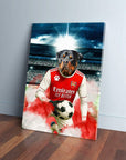 Personalized pet canvas featuring a Rottweiler in an Arsenal football kit holding a ball, with a stadium background.