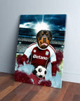 Rottweiler dog in an Aston Villa football kit holding a soccer ball on a personalized canvas.