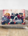 Personalized 3-pet blanket featuring dogs in Atlanta Falcons football uniforms.