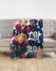 Personalized blanket with four dogs in Atlanta Falcons football uniforms.