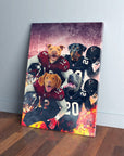 Four personalized dogs in Atlanta Falcons football jerseys on a canvas with a fiery background.