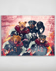 Personalized 'Atlanta Doggos' poster featuring five pets in football jerseys against a stadium backdrop.
