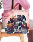Personalized 5-pet portrait tote bag featuring dogs in Atlanta Falcons football uniforms.