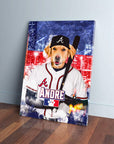 Golden retriever dog in a personalized Atlanta Braves baseball uniform and cap, holding a bat.