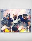 Personalized poster featuring three pets as football players in Baltimore Ravens uniforms.