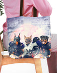 Personalized tote bag with three custom pet portraits of dogs in football uniforms.