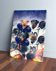 Personalized 4-pet canvas featuring dogs in purple and white football jerseys and helmets.