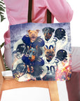 Personalized 4-pet tote bag featuring dogs in Baltimore Ravens football uniforms.