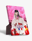 Personalized pet standing canvas featuring a dog in a "Boston Red Paws" baseball uniform against a pink cityscape.