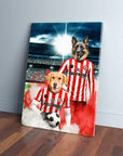 Personalized canvas of two dogs in Brentford football kits on a stadium background.