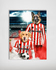 Personalized poster featuring a German Shepherd and Golden Retriever in red and white football jerseys.