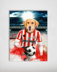 Personalized golden retriever dog in a red and white striped football kit holding a soccer ball on a stadium poster.