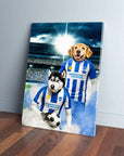 Personalized canvas of a husky and golden retriever in blue & white football jerseys on a stadium background.