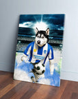 Personalized pet canvas featuring a husky in a blue and white football kit, holding a soccer ball.