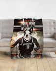Personalized pet blanket featuring a French Bulldog in a basketball player portrait.