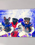 Custom canvas with three pets as Buffalo Bills football players in blue and red jerseys.