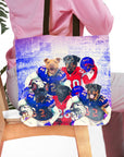 Personalized 5-pet 'Buffalo Doggos' tote bag featuring dogs in football uniforms.