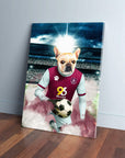 Personalized pet canvas featuring a French Bulldog in a Burnley football kit, dribbling a soccer ball on a stadium field.