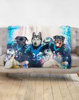 Personalized pet blanket with three dogs in Carolina Panthers football uniforms.