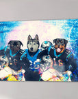 Personalized 3-pet canvas featuring a pug, husky, and rottweiler in Carolina Panthers football jerseys.