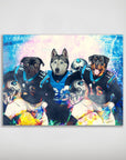 Personalized Carolina Doggos poster featuring a pug, husky, and rottweiler in football uniforms.