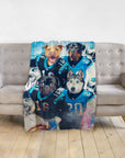 Personalized pet blanket with four dogs in Carolina Panthers football jerseys.