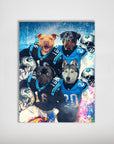 Personalized Carolina Doggos 4-pet poster featuring dogs in blue football jerseys and helmets.