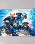 Personalized 'Carolina Doggos' canvas featuring five pets as football players in blue and black jerseys.