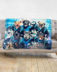 Personalized pet blanket with six dogs in Carolina football uniforms on a gray sofa.