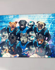 Custom canvas featuring six pets as Carolina Panthers football players in blue and black uniforms.