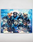 Personalized poster featuring six pets as football players in blue and black uniforms with helmets.