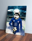 Personalized husky pet canvas in a blue Chelsea football kit, holding a soccer ball on a field.