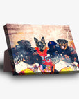 Personalized Chicago Doggos standing canvas featuring three pets in football jerseys with a stadium background.