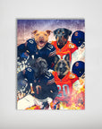 Personalized 'Chicago Doggos' 4-pet poster featuring dogs in navy and orange football jerseys with helmets.
