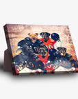 Personalized 5-pet standing canvas featuring dogs in Chicago Doggos football jerseys.