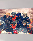 Personalized 6-pet canvas featuring dogs in Chicago Bears football uniforms against a stadium backdrop.