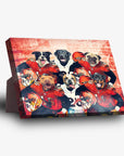 Personalized 6-pet standing canvas featuring dogs in red football jerseys and helmets.