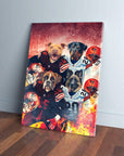 Personalized 'Cleveland Doggos' 4-pet canvas with dogs in football jerseys and helmets, fiery background.