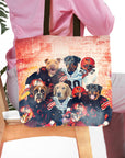 Personalized 'Cleveland Doggos' 5-pet tote bag featuring dogs in football uniforms.