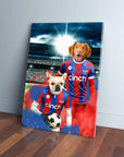 Personalized canvas featuring two dogs in red and blue Crystal Palace football jerseys on a stadium background.