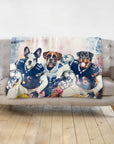 Personalized 3-pet blanket featuring dogs in Dallas Cowboys football uniforms.