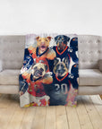 Personalized custom blanket with four dogs in football jerseys on a gray sofa.