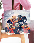 Personalized 5-pet dog portrait tote bag with pets in football jerseys.