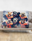 Personalized 6-pet blanket featuring dogs in football uniforms, draped on a grey sofa.