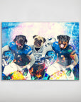 Personalized 'Detroit Doggos' 3 pet poster featuring a Labrador, Pug, and Rottweiler in blue football uniforms.