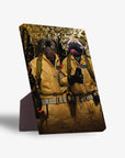 Personalized 'Dogbusters' standing canvas featuring two pugs in tan ghostbuster suits with proton packs.