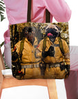 Personalized 'Dogbusters' tote bag featuring two pug pet portraits in cartoon ghostbuster costumes.